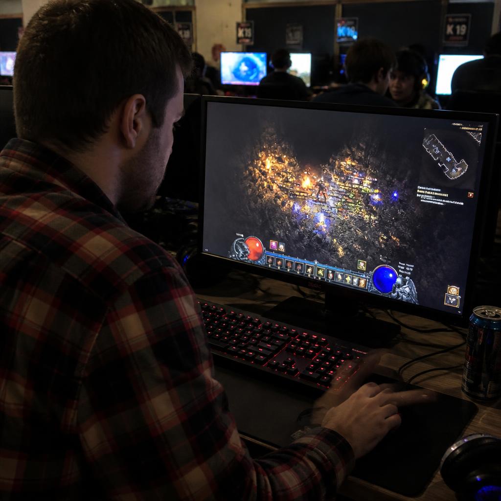A player at his glowing station with rows of occupied seats stretching into the dark hall