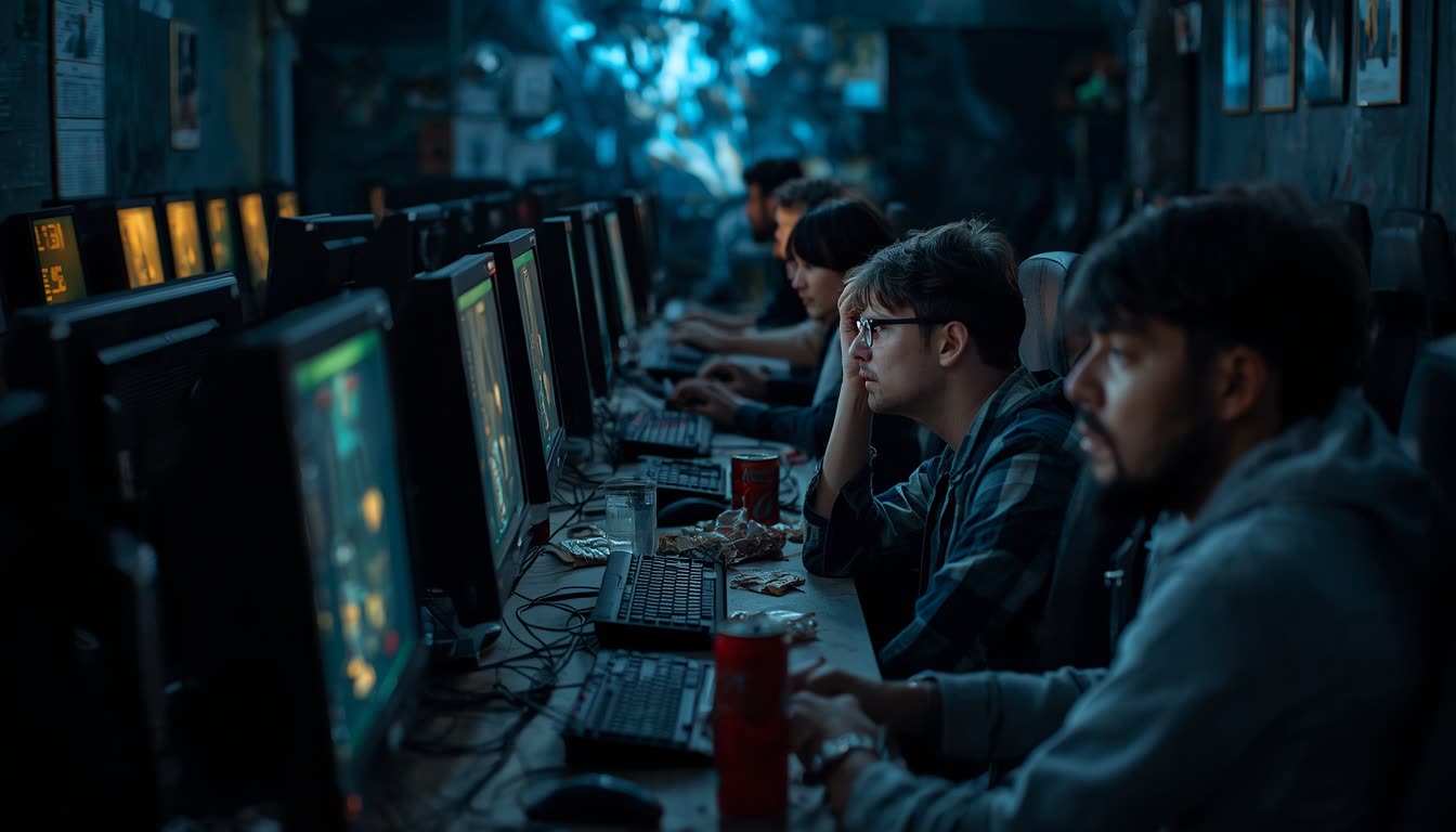 A long row of players seated at a wall of glowing monitors down one side of a dim gaming-club hall